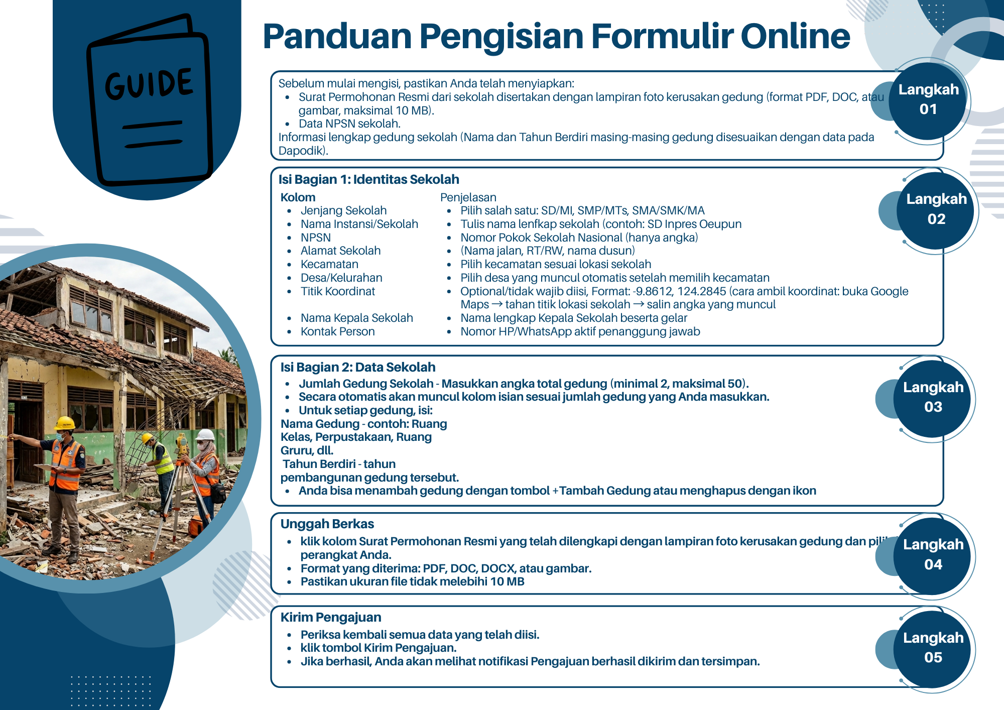 Panduan penggunaan SIMAK BGS: langkah-langkah mengisi formulir pengajuan analisa kerusakan bangunan gedung sekolah